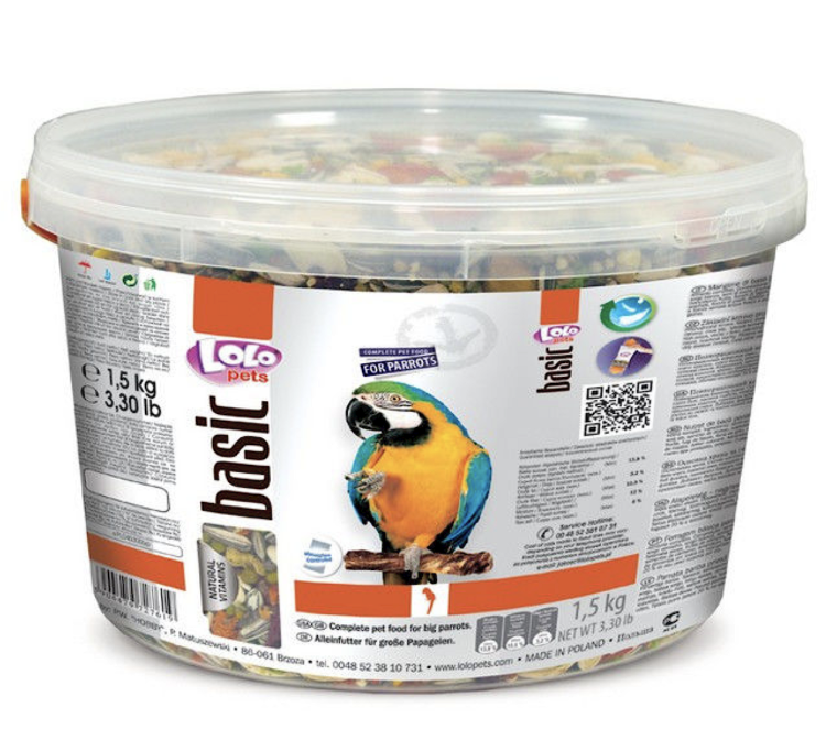 LoLo Pets BASIC 1,5 kg krmivo pro VELKÉ PAPOUŠKY v praktickém kbelíku od ParrotPlanet.cz
