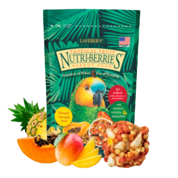 Lafeber NutriBerries Tropical Fruit – Krmivo: zrní s tropickým ovocem ve tvaru kuliček pro střední a velké papoušky 284 g od ParrotPlanet.cz