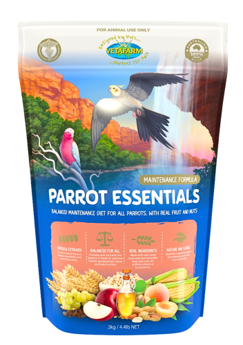 VETAFARM- PARROT ESSENTIALS – Celoroční granulát s příchutí ořechů a ovoce pro VŠECHNY papoušky 350 god ParrotPlanet.cz