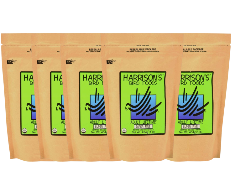 Sada 5 ks Harrison`s Adult Lifetime Super Fine Organic Bird Food – celoroční jemnozrnné granule – 450 g od ParrotPlanet.cz