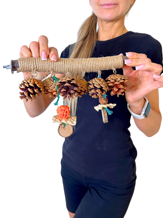 Tyč Natura s hračkami L/XL DIY | Odpočinek a zábava pro velké papoušky od ParrotPlanet.cz