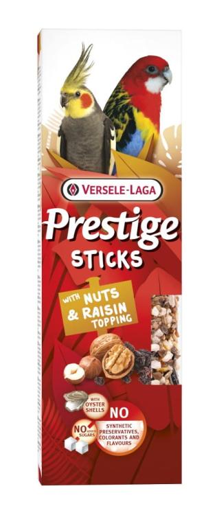 Versele Laga Prestige Sticks Big Parakeets with Nuts &amp; Raisin topping 140 g – tyčinky s posypem z ořechů a rozinek pro střední papoušky od ParrotPlanet.cz