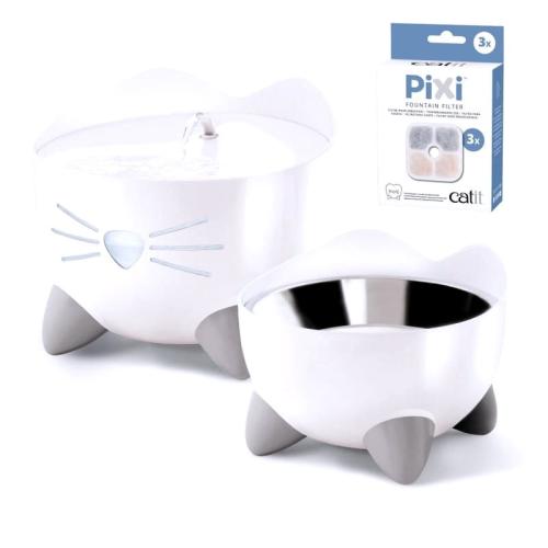 Sada Pixi Fountain Combo | Napáječka pro kočky Pixi 2,5 l + miska, bílá + ZDARMA balení filtrů CH-7216 od ParrotPlanet.cz