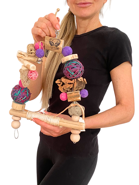 Genialna Huśtawka - Barevná hračka pro papoušky s javovým stromem, korkovým dubem a lávovými kameny od ParrotPlanet.cz