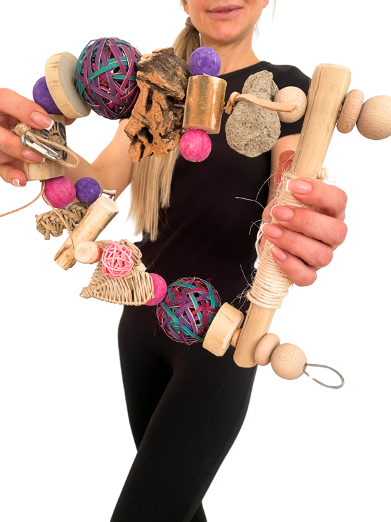 Genialna Huśtawka - Barevná hračka pro papoušky s javovým stromem, korkovým dubem a lávovými kameny od ParrotPlanet.cz