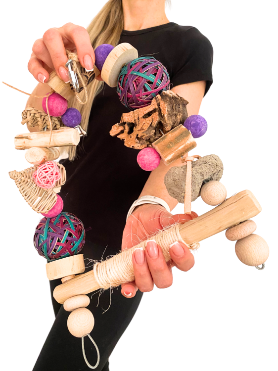 Genialna Huśtawka - Barevná hračka pro papoušky s javovým stromem, korkovým dubem a lávovými kameny od ParrotPlanet.cz