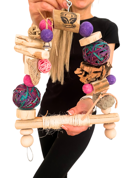 Genialna Huśtawka - Barevná hračka pro papoušky s javovým stromem, korkovým dubem a lávovými kameny od ParrotPlanet.cz