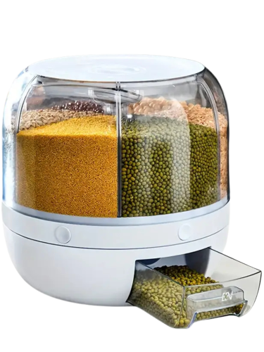 Otočný dávkovač pro skladování a dávkování potravin a klíčků – 6 přihrádek od ParrotPlanet.cz