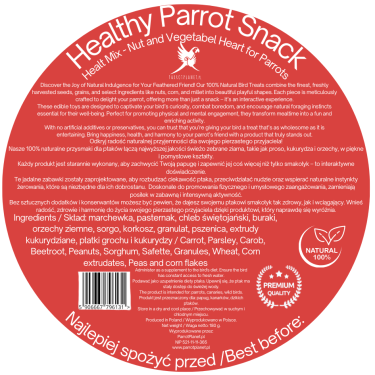 Parrot Planet – Papuzie Serce – OŘECHOVO-ZELENINOVÉ – XL – pamlsek pro všechny papoušky 180 g od ParrotPlanet.cz