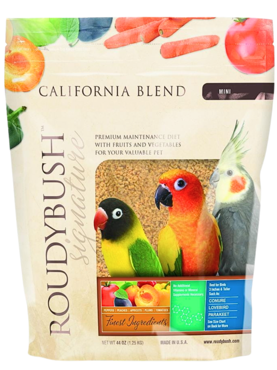 RoudyBush California Blend Mini 1,25 kg – Tropický granulát pro nymfy a jiné menší a střední papoušky od ParrotPlanet.cz