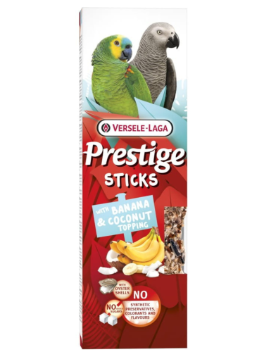 VERSELE LAGA Prestige Sticks Parrots with Banana &amp; Coconut topping 140 g – tyčinky s banánovou a kokosovou polevou pro velké papoušky od ParrotPlanet.cz