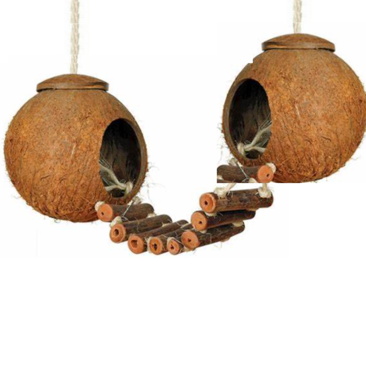 Kokosové domky s žebříkem – hračka pro vakoveverky od ParrotPlanet.cz