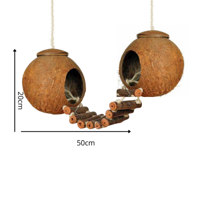 Kokosové domky s žebříkem – hračka pro vakoveverky od ParrotPlanet.cz