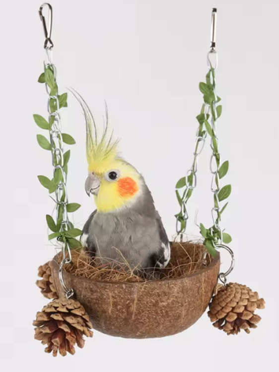 Kokosová kolébka – přírodní houpací síť – útulná jeskyně pro nymfy a jiné menší papoušky od ParrotPlanet.cz