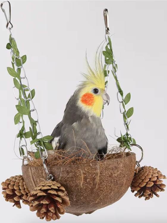 Kokosová kolébka – přírodní houpací síť – útulná jeskyně pro nymfy a jiné menší papoušky od ParrotPlanet.cz