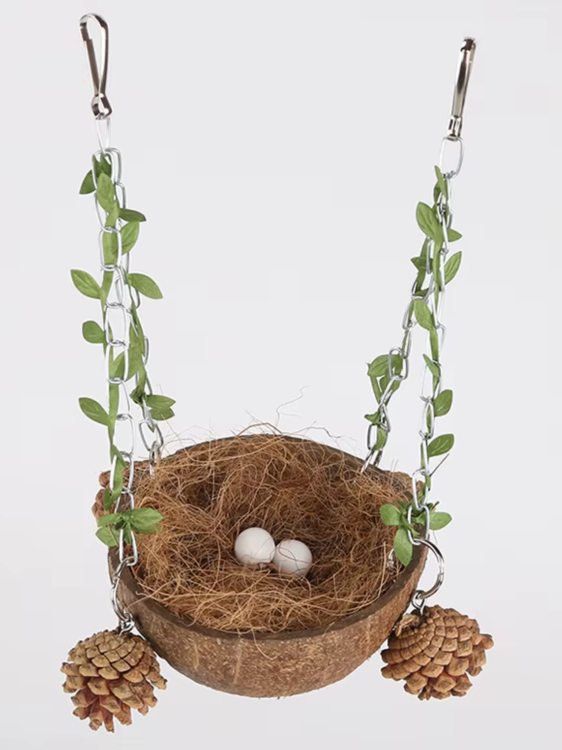 Kokosová kolébka – přírodní houpací síť – útulná jeskyně pro nymfy a jiné menší papoušky od ParrotPlanet.cz