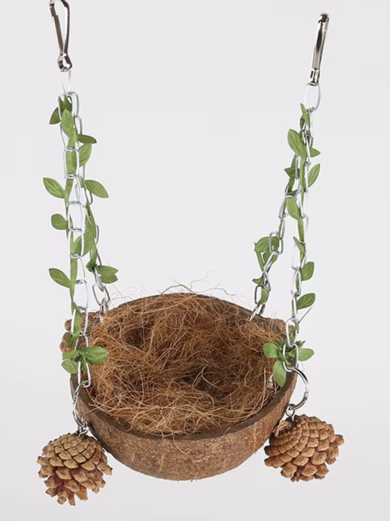 Kokosová kolébka – přírodní houpací síť – útulná jeskyně pro nymfy a jiné menší papoušky od ParrotPlanet.cz