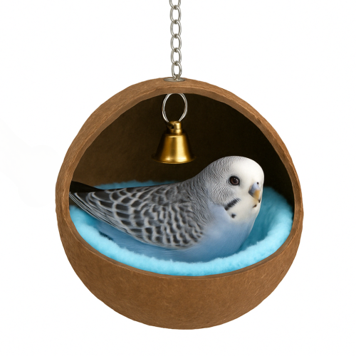 Kokosová útulná kolébka – houpací síť – modrá jeskyně pro nymfy a jiné papoušky od ParrotPlanet.cz