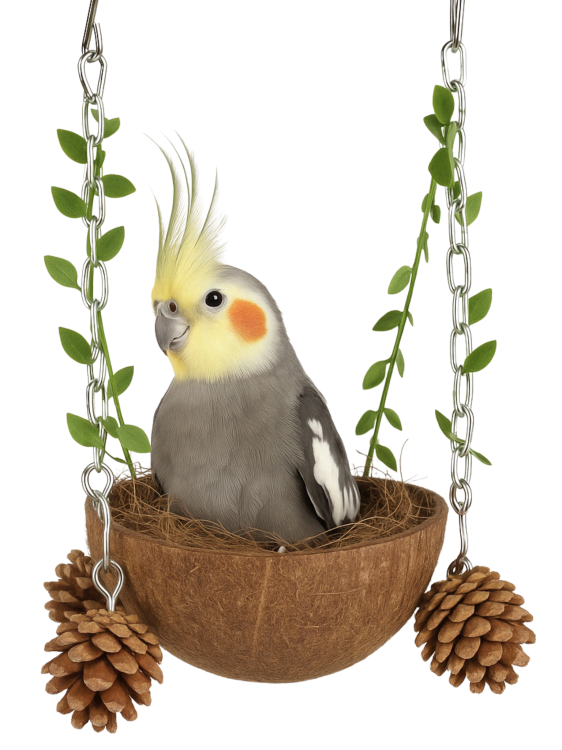 Kokosová kolébka – přírodní houpací síť – útulná jeskyně pro nymfy a jiné menší papoušky od ParrotPlanet.cz