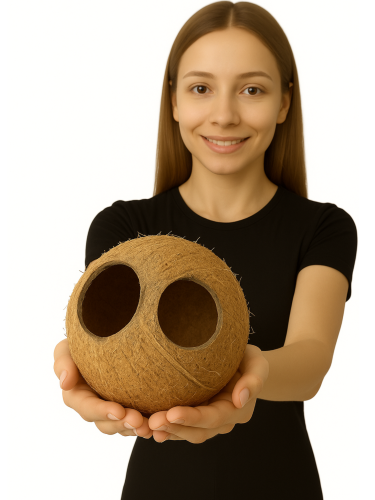 Celý kokos se dvěma otvory – DIY – přírodní hračka z ekologického kokosu pro papoušky od ParrotPlanet.cz