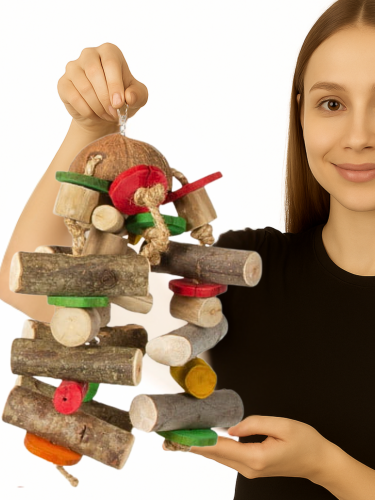 Kokosové UFO  –  dřevěná hračka pro velké papoušky – 2 kg od parrotplanet.cz