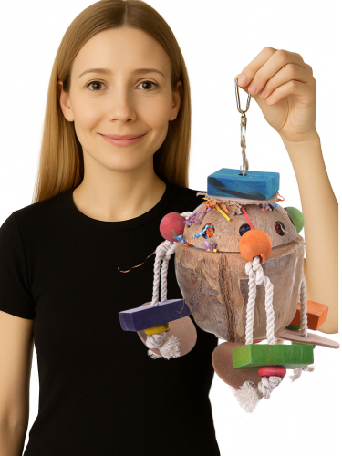 Kokosový poklad - přírodní kokosová hračka pro střední a velké papoušky od ParrotPlanet.cz