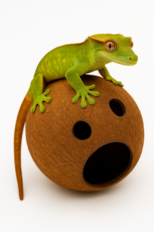 Přírodní kokosový ořech se třemi otvory – úkryt a hračka do terária pro plazy a pavouky od ParrotPlanet.cz