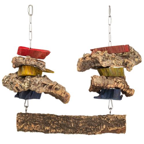 Přírodní houpačka z kůry korkového dubu s barevnými kostkami XXL | pro střední a velké papoušky | korek pro papouška od ParrotPlanet.cz