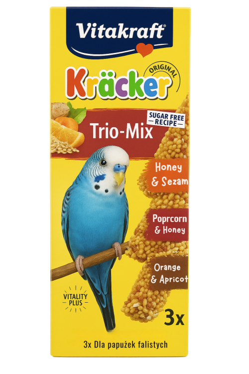 Vitakraft Kracker Trio‑Mix Premium – Popcorn, Med, Pomeranč – kolby pro papouška vlnkovaného 3 ks od ParrotPlanet.cz