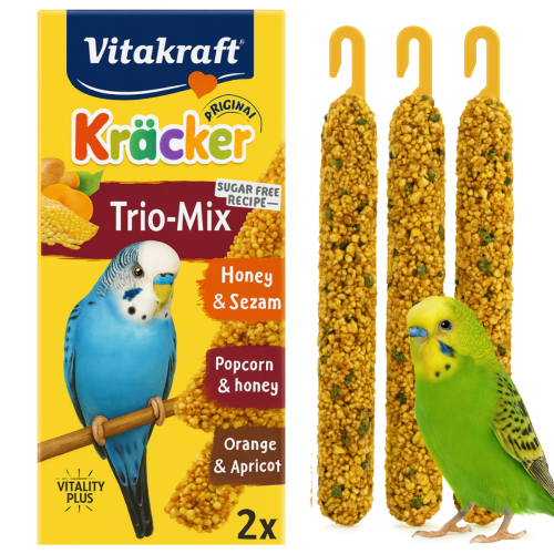 Vitakraft Kracker Trio‑Mix Premium – Popcorn, Med, Pomeranč – kolby pro papouška vlnkovaného 3 ks od ParrotPlanet.cz