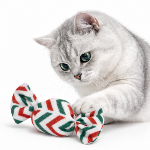 Plyšová cukrovinka | hračka pro kočky |  červené/zelené pruhy, 4x9 cm od ParrotPlanet.cz