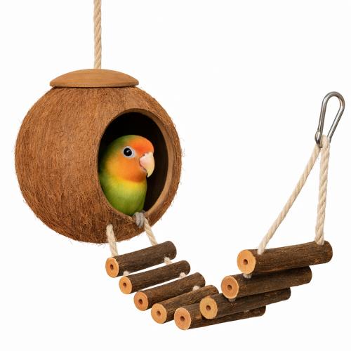 Kokosový domeček – žebřík nebo hračka pro všechny papoušky od ParrotPlanet.cz