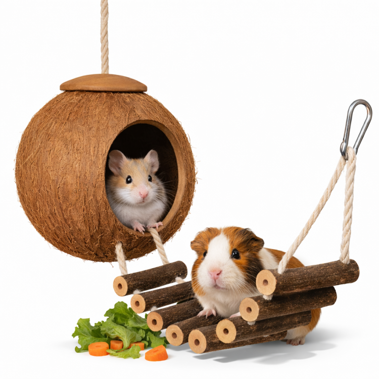 Kokosový domek s žebříkem – přírodní hračka a úkryt pro hlodavce 50 × 14 cm od ParrotPlanet.cz