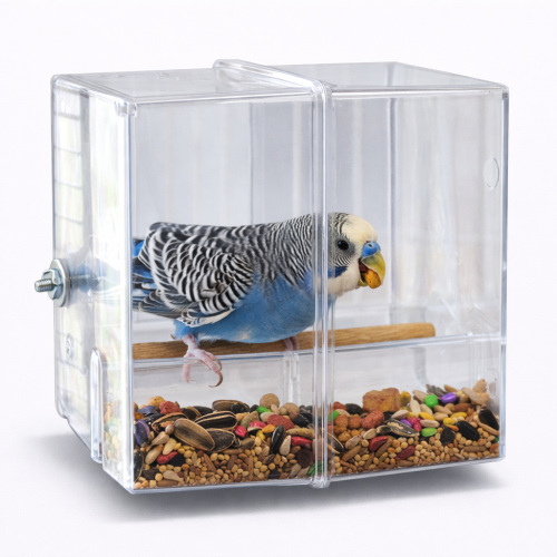 Krmítko „LESS MESS“ – méně nepořádku pro malé a střední papoušky velikosti S od ParrotPlanet.cz