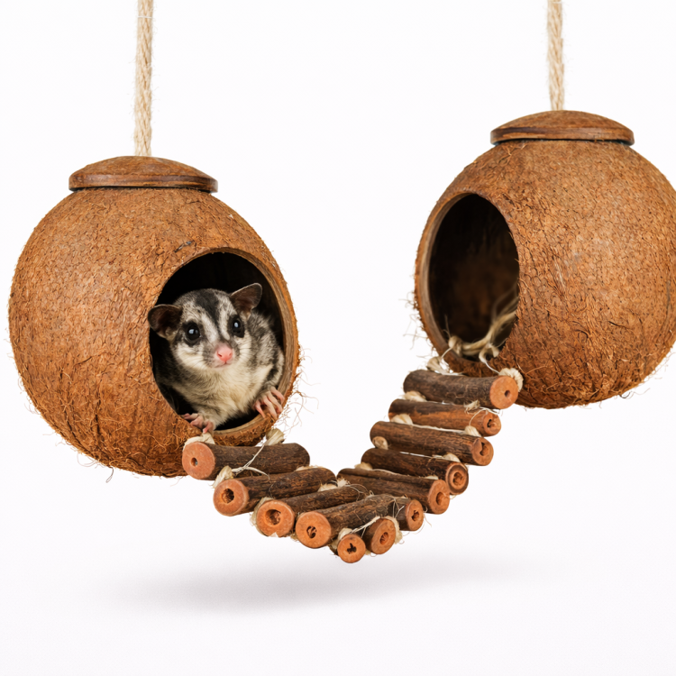 Kokosové domky s žebříkem – hračka pro vakoveverky od ParrotPlanet.cz