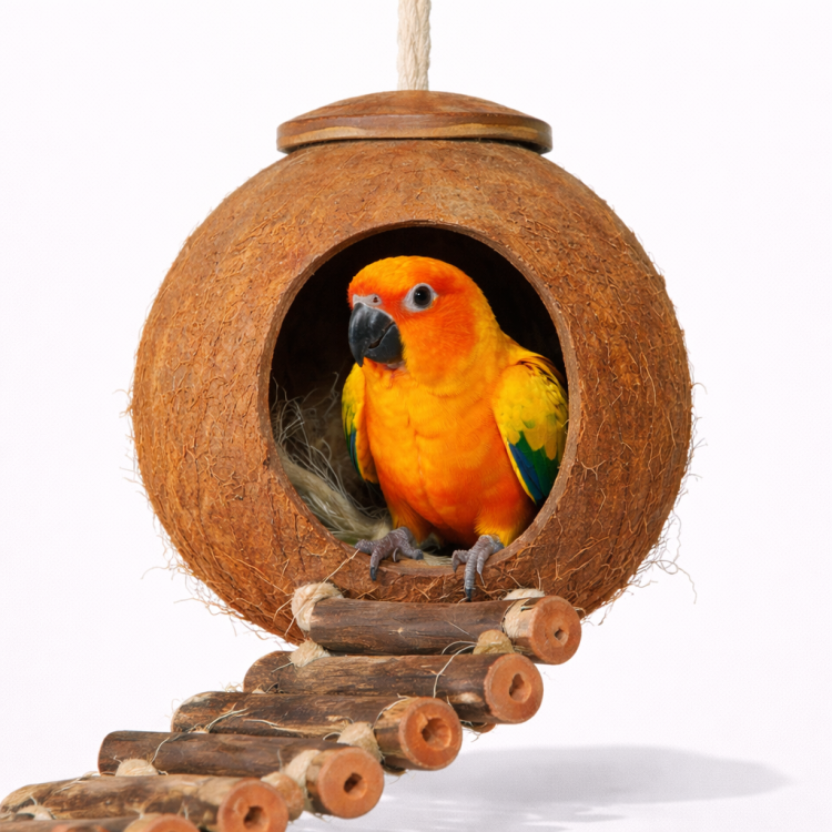Kokosové domečky s žebříkem – hračka pro všechny papoušky od ParrotPlanet.cz
