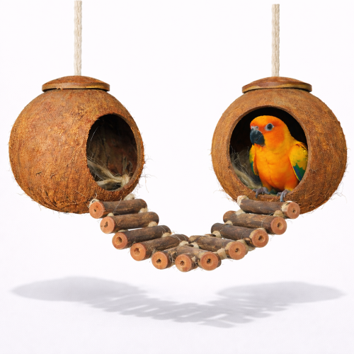 Kokosové domečky s žebříkem – hračka pro všechny papoušky od ParrotPlanet.cz