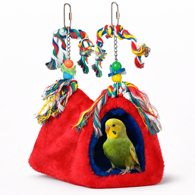 Červená jeskyně – stan – bezpečné místo pro hraní a odpočinek malých papoušků od ParrotPlanet.cz