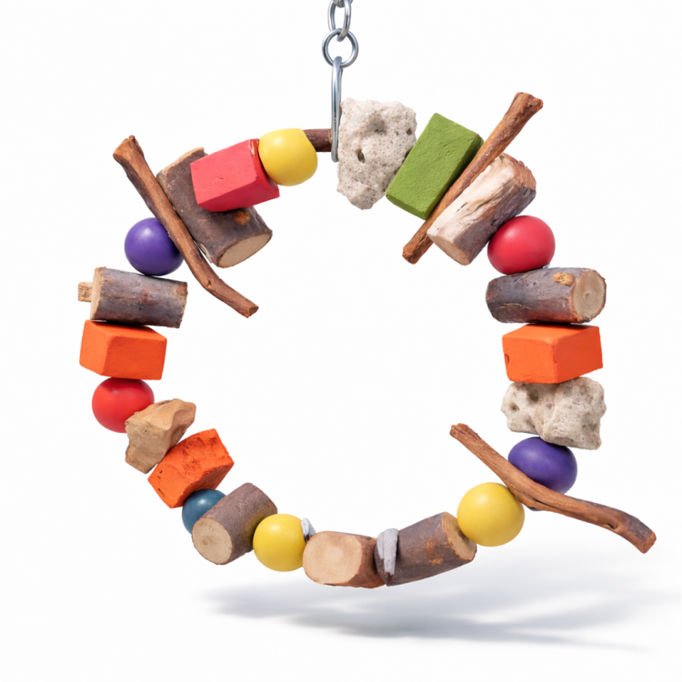 Dřevěný prsten s kameny Lava – hračka pro malé a střední papoušky  od ParrotPlanet.cz