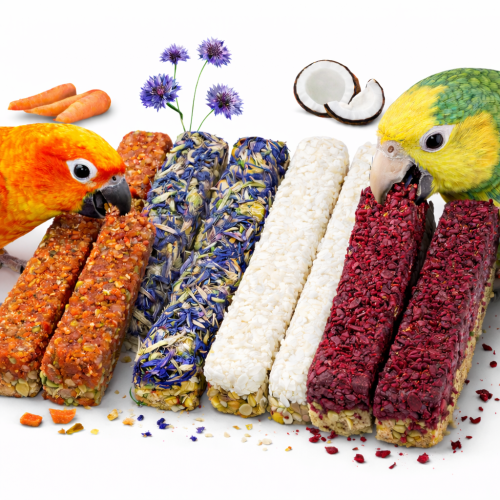 JR FARM Grainless Deluxe Sticks Deluxe – bezobilné tyčinky Deluxe s kokosem, řepou, mrkví a květy chrpy pro všechny papoušky od parrotplanet.cz