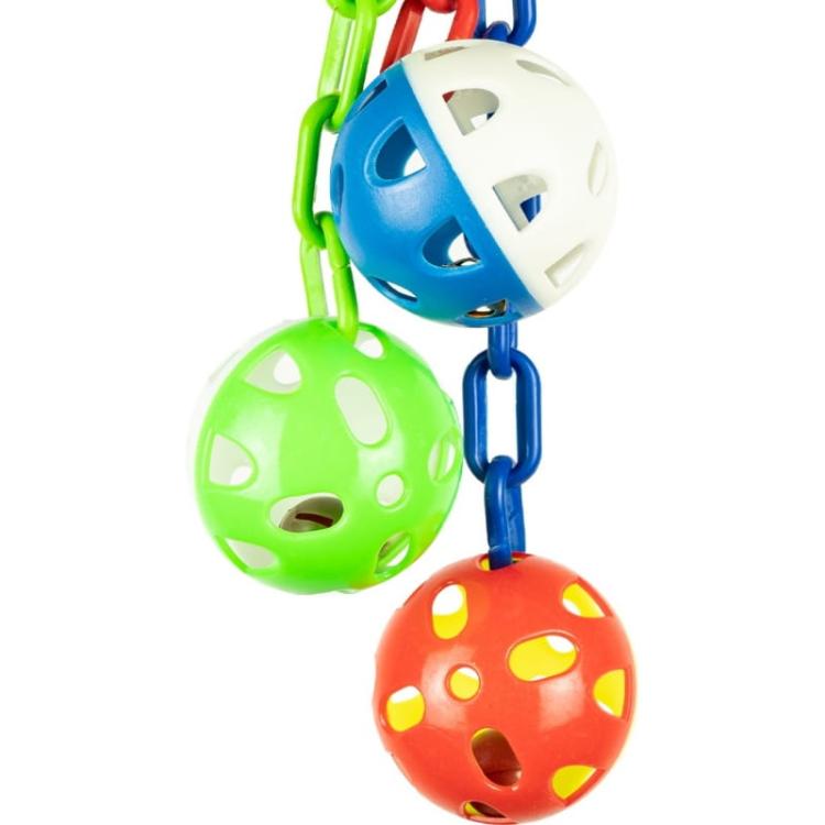 3 míčky s chrastítkem na barevných řetízcích – hračka pro střední a velké papoušky od ParrotPlanet.cz