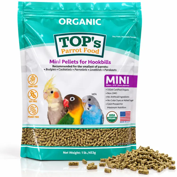 TOP'S Organic Parrot Food Mini – bio granule pro korely a malé papoušky – 453 g  ParrotPlanet.cz