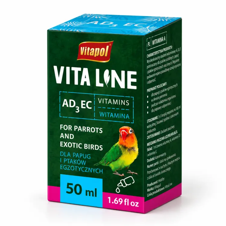 Vitapol Vitaline AD3EC – vitamíny A, D3, E a C pro papoušky a exotické ptáky 50 ml ParrotPlanet.cz