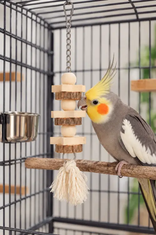 Dřevěná hračka se sisalem pro papoušky 30 cm – přírodní závěsná hračka ParrotPlanet.cz