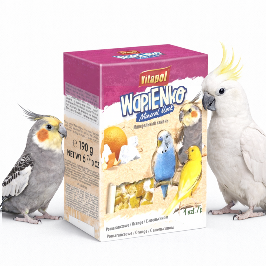 Vitapol Minerální kámen – kostka XL vápenná ORANŽOVÁ pro papoušky 190 g od ParrotPlanet.cz